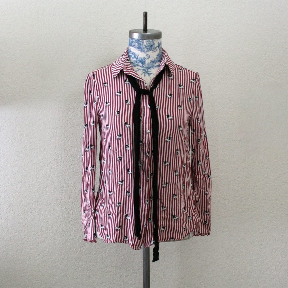 Mango Long Sleeve Button Down with Stripes & Dogs